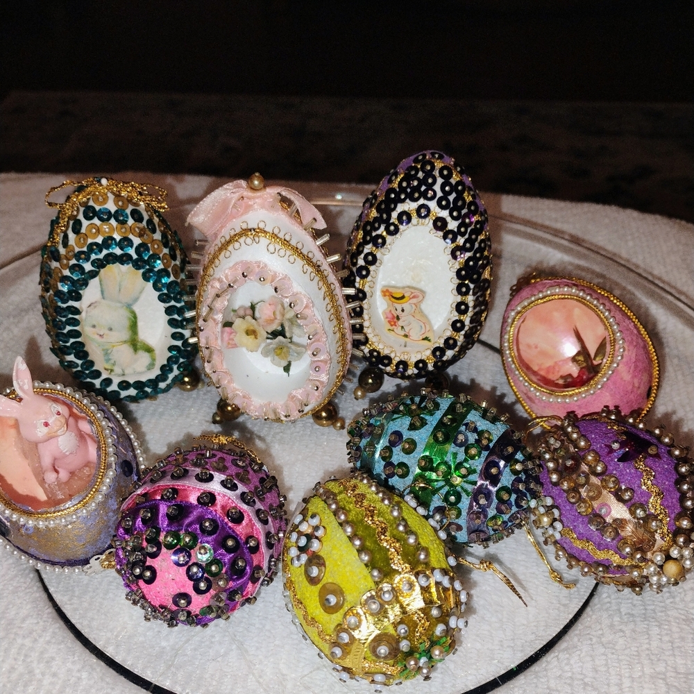 Decorative Handmade Christmas Ornament / Beaded Easter Eggs Vintage Lot Of 9 - Picture 2 of 14